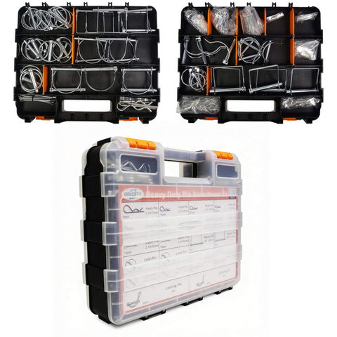 Ready To Roll All In One Heavy Duty Hitch Pins Kit With PTO And Cotter Pins For Trailers Tractors And Trucks Farm And Lawn Gear Snow Plows Rust Resistant Zinc Plated Steel Double Sided Toolbox Included showing toolbox with pins.