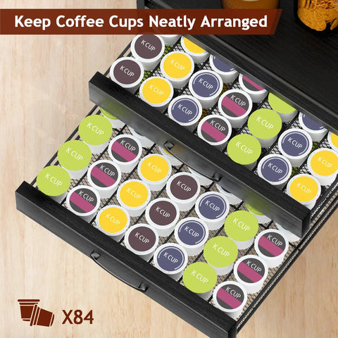 4 Tier Coffee Syrup Rack Organizer With Room For 8 Syrup Bottles And 84 Coffee Pods Perfect Countertop Bar Station For Your Coffee Setup Kitchen Storage Black, showing two open drawers filled with coffee pods.