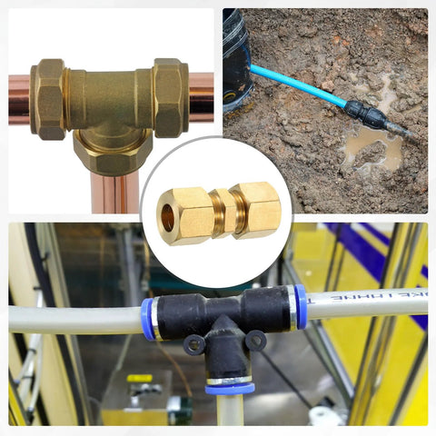 Brass compression tube fittings for 10mm OD copper/PEX tubes; straight coupling adapters with ferrules.