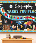 Geography Bulletin Board Set Must Have Adventure Travel Map Classroom Decor with world flags and motivational cutouts
