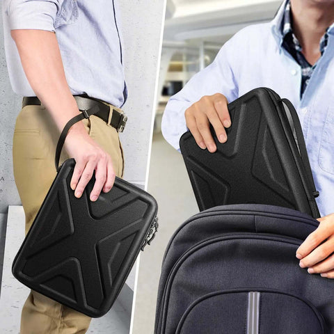 Premium Hella Protective 11 Inch iPad Portfolio Sleeve Case Fits All Recent Apple Tablet Models With Ultra Cushioned Interior, being carried in hand and stored in a backpack.
