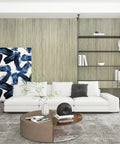 Living room with a white couch, abstract art, and Thickened Brown Wood Grain Wallpaper 16x354 Peel and Stick Wood Textured Oak Removable.