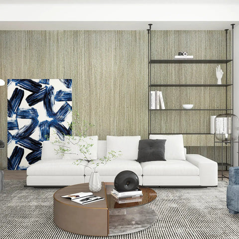 Living room with a white couch, abstract art, and Thickened Brown Wood Grain Wallpaper 16x354 Peel and Stick Wood Textured Oak Removable.