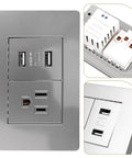 15 Amp Us Standard Wall Outlet With Dual Usb Charging Ports, Built Tough Pp Housing With Genuinely Solid Bronze Contacts, close-up view with dual USB ports.