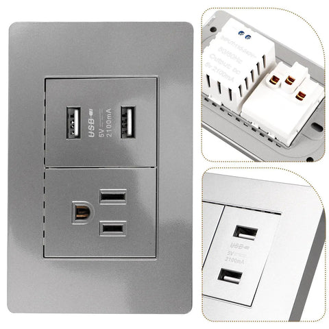 15 Amp Us Standard Wall Outlet With Dual Usb Charging Ports, Built Tough Pp Housing With Genuinely Solid Bronze Contacts, close-up view with dual USB ports.