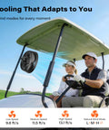 Golfers using Magnetic Rechargeable Golf Cart Fan 7.5 Inch With 10000 mAh Battery, attached to cart canopy, outdoors