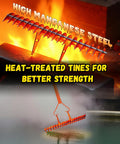 Image of Long Handle Thatch Rake with heat-treated manganese steel tines over a fiery backdrop, emphasizing strength.