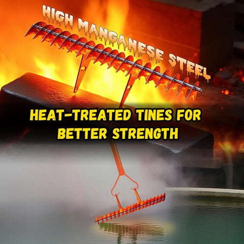Image of Long Handle Thatch Rake with heat-treated manganese steel tines over a fiery backdrop, emphasizing strength.