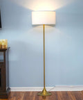 Quinn LED Floor Lamp With Drum Shade Sleek Modern Standing Light For Living Rooms Offices And Bedrooms Mid Century Design With Heavy Base For Stability Brass Gold Finish Dope Decor And Reading Lamp in living room setting