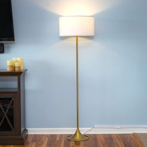 Quinn LED Floor Lamp With Drum Shade Sleek Modern Standing Light For Living Rooms Offices And Bedrooms Mid Century Design With Heavy Base For Stability Brass Gold Finish Dope Decor And Reading Lamp in living room setting