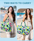 Woman carrying Extra Large Waterproof Beach Bag With Zipper And Wet Compartment, colorful print, at the beach