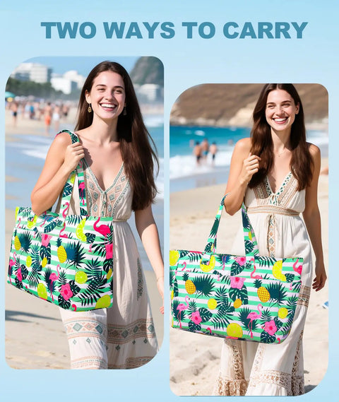 Woman carrying Extra Large Waterproof Beach Bag With Zipper And Wet Compartment, colorful print, at the beach