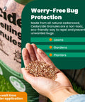 Hand holding Natural Cedar Granules For Yard And Home Pest Control That Repels Fleas Ticks Ants And Mosquitoes Smells Great Easy To Use Family And Pet Safe Two Bags 16 Lbs next to product bag
