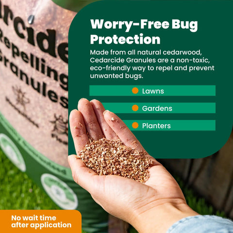 Hand holding Natural Cedar Granules For Yard And Home Pest Control That Repels Fleas Ticks Ants And Mosquitoes Smells Great Easy To Use Family And Pet Safe Two Bags 16 Lbs next to product bag