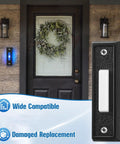 Black Lighted Doorbell Button for Wall Mount and Garage Door Switch with Blue LED installed on brick wall beside door