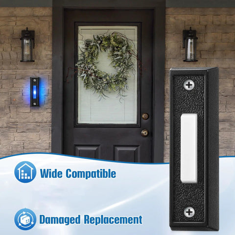 Black Lighted Doorbell Button for Wall Mount and Garage Door Switch with Blue LED installed on brick wall beside door