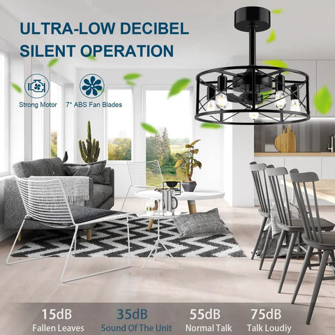 20 Inch Black Caged Ceiling Fan With Light Remote Included Industrial Fandelier in a modern living room