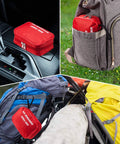 Red AED First Kit pouch for CPR supplies shown in car console, backpack pocket, and on a hiking pack.
