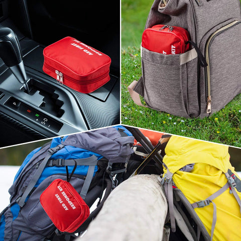 Red AED First Kit pouch for CPR supplies shown in car console, backpack pocket, and on a hiking pack.