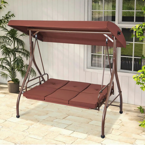 Three Seat Outdoor Patio Swing Chair With Adjustable Canopy And Removable Thick Cushion, Alloy Steel Frame, Sturdy A Frame, Supports Up To 750 Lbs, Perfect For Poolside Hangouts Backyard And Balcony, Brown, shown on patio