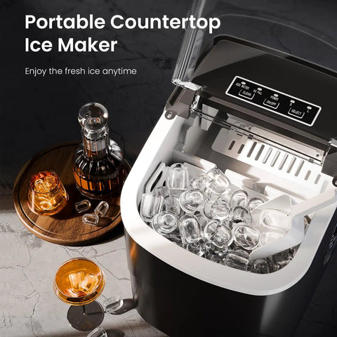 Countertop Ice Maker With Handle For Home Kitchen, Fast Bullet Ice Production, 26.5 Pounds Per Day, 9 Cubes In About 6 To 8 Minutes, Two Ice Size Options, Portable Self Cleaning Ice Machine with ice cubes in tray.
