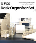 Dope Gold Desk Organizer Set 6 Piece Metal Office Accessories with Mail Sorter Pen Cup Sticky Note Holder Magazine Rack Letter Tray and Business Card Holder for a Sleek Modern Home Office