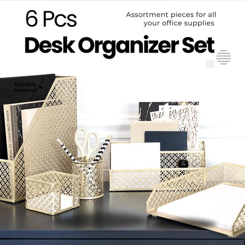 Dope Gold Desk Organizer Set 6 Piece Metal Office Accessories with Mail Sorter Pen Cup Sticky Note Holder Magazine Rack Letter Tray and Business Card Holder for a Sleek Modern Home Office