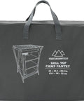 Foldable Roll Top Camping Pantry And Table With Sturdy Aluminum Frame in carry bag, showing size and brand logo.