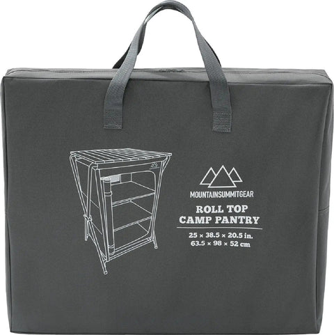 Foldable Roll Top Camping Pantry And Table With Sturdy Aluminum Frame in carry bag, showing size and brand logo.