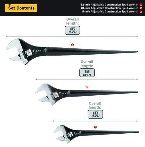Adjustable Construction Spud Wrench Set Three Piece With 10 Inch 12 Inch And 16 Inch Handles shown with lengths labeled