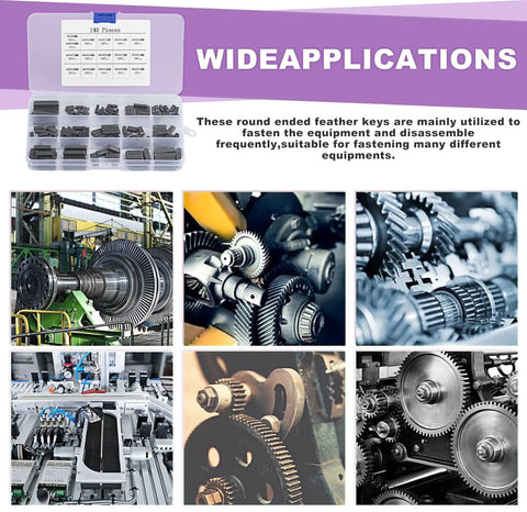 Round Ended Feather Key Set, 140 Pcs Parallel Drive Shaft Keys displayed in case with gear and machine applications.
