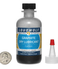 Graphite Powder 44 Micron 99.9 Percent Pure Mil Spec Eight Ounces In Four Bottles Two Ounces Each with dispenser next to coin.