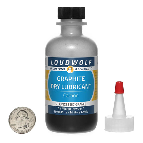 Graphite Powder 44 Micron 99.9 Percent Pure Mil Spec Eight Ounces In Four Bottles Two Ounces Each with dispenser next to coin.