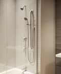 Modern bathroom featuring Origins One Handle Tub And Shower Faucet Kit with satin nickel finish and easy clean rubber nozzles.