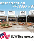 Four Avid Armor chamber vacuum sealers (USV20, USV32, USVX, USVXL) in stainless steel/black on a kitchen counter.