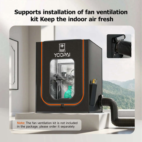 Black 3D printer enclosure with vent hose supports Adjustable Ventilation Kit For 3D Printer Enclosure To Improve Print Quality