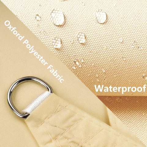 Close-up of Waterproof Triangle Shade Sail 18x18x25.5 Feet material, showing waterproof Oxford polyester fabric with metal ring.