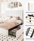 Hella Spacious Full Size Storage Bed Frame With Super Plush Velvet Upholstery And Adjustable Tufted Headboard Plus Four Massive Rolling Drawers For Zero Box Spring Hassle In Crisp White showcased in modern bedroom.
