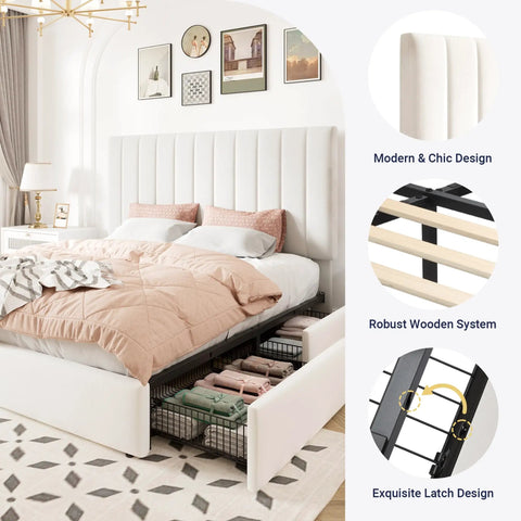 Hella Spacious Full Size Storage Bed Frame With Super Plush Velvet Upholstery And Adjustable Tufted Headboard Plus Four Massive Rolling Drawers For Zero Box Spring Hassle In Crisp White showcased in modern bedroom.