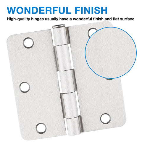 Close-up of brushed nickel door hinge from 18 Pack Satin Nickel Interior Door Hinges 3.5 Inch By 3.5 Inch One Quarter Inch Radius