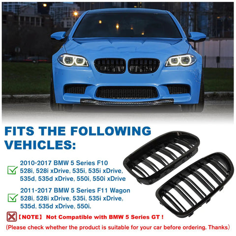 Front Kidney Grille Double Slats In Glossy Black For BMW 5 Series F10 F11 F18 2010 To 2017 Sedans ABS Plastic Construction