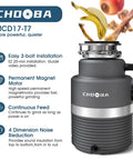 Super Quiet Garbage Disposal 1HP with continuous feed, light gray finish, showcasing permanent magnet motor and sound insulation