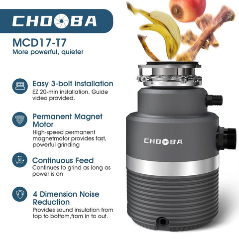 Super Quiet Garbage Disposal 1HP with continuous feed, light gray finish, showcasing permanent magnet motor and sound insulation