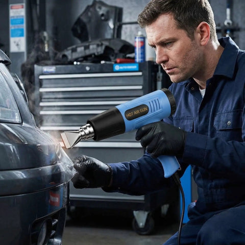 Man using Heat Gun With Dual Temperature 572 To 1112 Fahrenheit, Two Speed, 110 Volt, for auto repair, blue tool in focus.