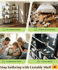 Collage: cluttered room, damaged shelf, family with odor issue, unadjustable empty bookshelf, illustrating shelf problems