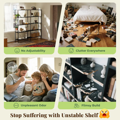Collage: cluttered room, damaged shelf, family with odor issue, unadjustable empty bookshelf, illustrating shelf problems
