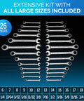 Ultra Slim Ratcheting Wrench Set With 26 Pieces, Metric And SAE Open-End And Box-End Wrenches displayed in rows, sizes labeled