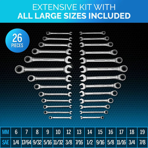 Ultra Slim Ratcheting Wrench Set With 26 Pieces, Metric And SAE Open-End And Box-End Wrenches displayed in rows, sizes labeled