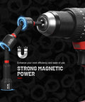 55 Piece Magnetic Impact Nut Driver Kit With Deep And Shallow Sockets attached to drill showcasing magnetic power