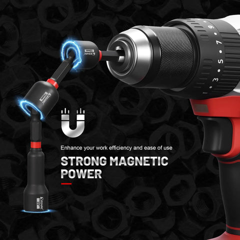 55 Piece Magnetic Impact Nut Driver Kit With Deep And Shallow Sockets attached to drill showcasing magnetic power
